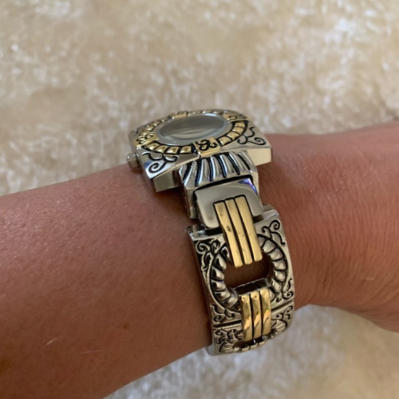 Silver & Gold Cuff Watch Geneva bracelet watch mixed metal - Picture 5 of 11